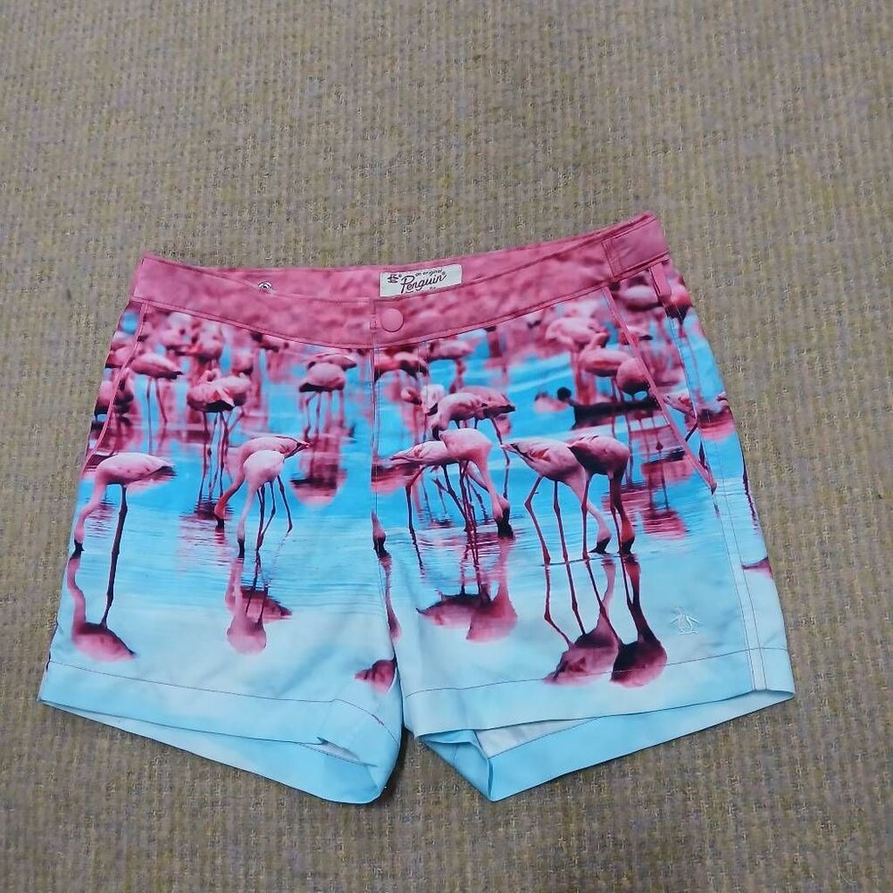 Mens size 30 pink flamingo beach trunks swim shorts brief lined blue